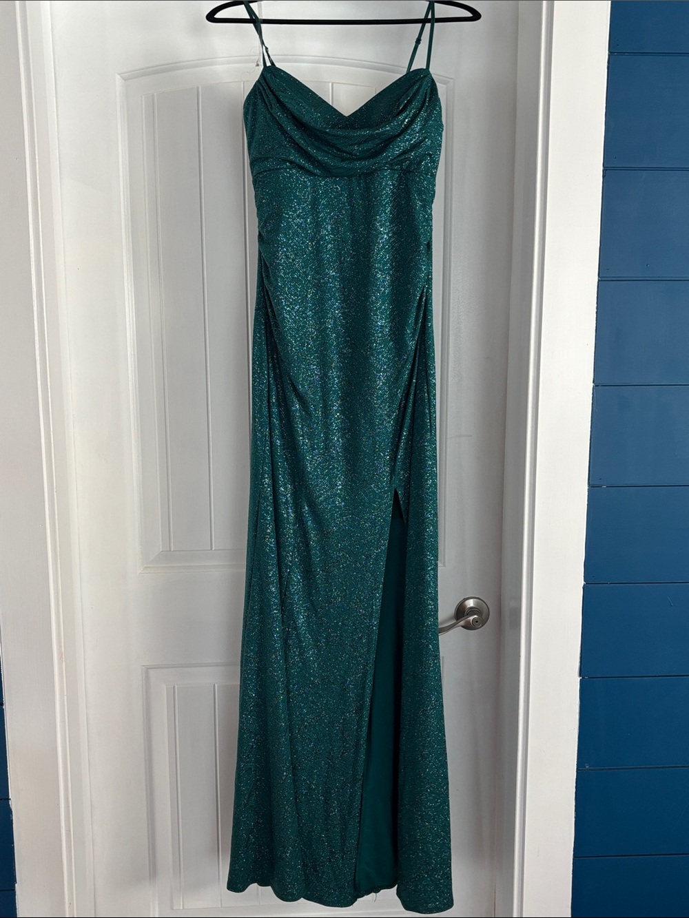 Emerald Sundae Teal Glitter Gown with Cowl Neck and Thigh Slit